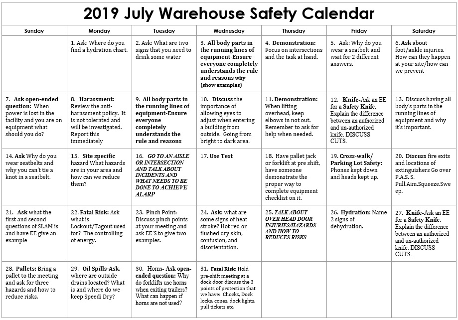 2019 July Warehouse Safety Calendar
